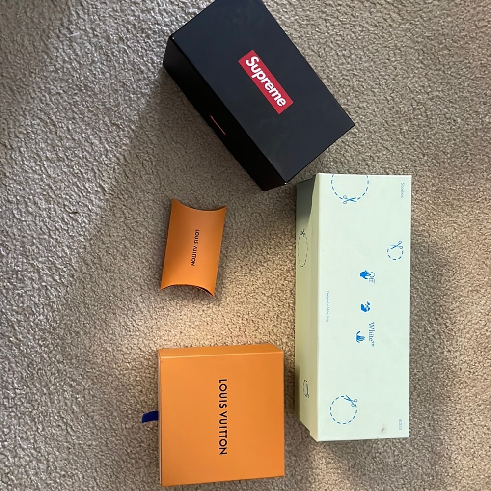 Off white, supreme, and LV boxes